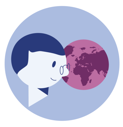 Piktogramm, das globale Kompetenz symbolisiert. Eine Person mit Brille sieht auf eine Weltkugel.