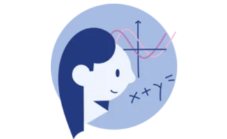 Piktogramm einer Person, die auf eine Tafel mit Sinuskurven und einer Formel blickt.
