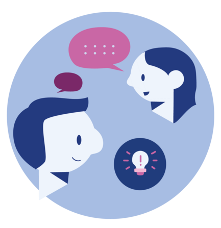 Piktogramm, das kollaborative Problemlösekompetenz symbolisiert. Zwischen zwei Personen sind Sprechblasen zu sehen. Eine leuchtende Glühbirne weist auf die Lösung eines Problems hin.