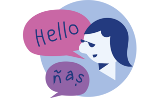 Piktogramm, das Fremdsprachenkompetenz symbolisiert. Eine Person scheint mit anderen zu sprechen. Die Sprechblase der sprechenden Person enthält das Wort "Hello", eine weitere Sprechblase enthält ein scheinbar unverständliches Wort.