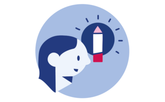 Piktogramm, das kreatives Denken symbolisiert. Über dem Kopf einer Person befindet sich ein Stift und ein Kreis mit Strahlen befindet, die eine neue Idee andeuten.