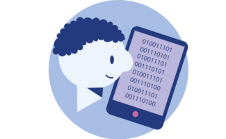 Piktogramm, das das Lernen in der digitalen Welt symbolisiert. Eine Person sieht auf ein Tablet mit binärem Code.