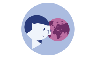 Piktogramm, das globale Kompetenz symbolisiert. Eine Person mit Brille sieht auf eine Weltkugel.